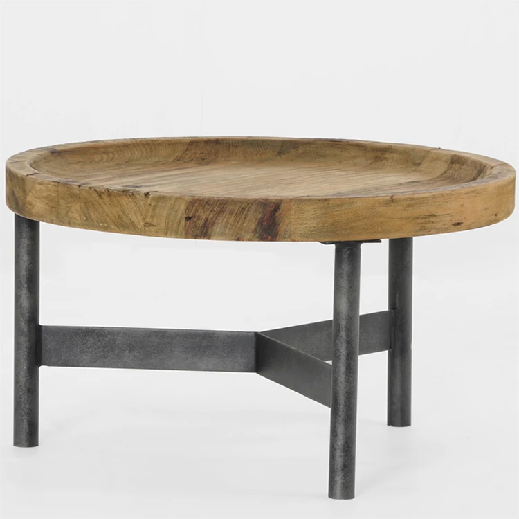 
Smart Coffee Table Round Wooden Industrial Reclaimed Pine Top With Metal Base 