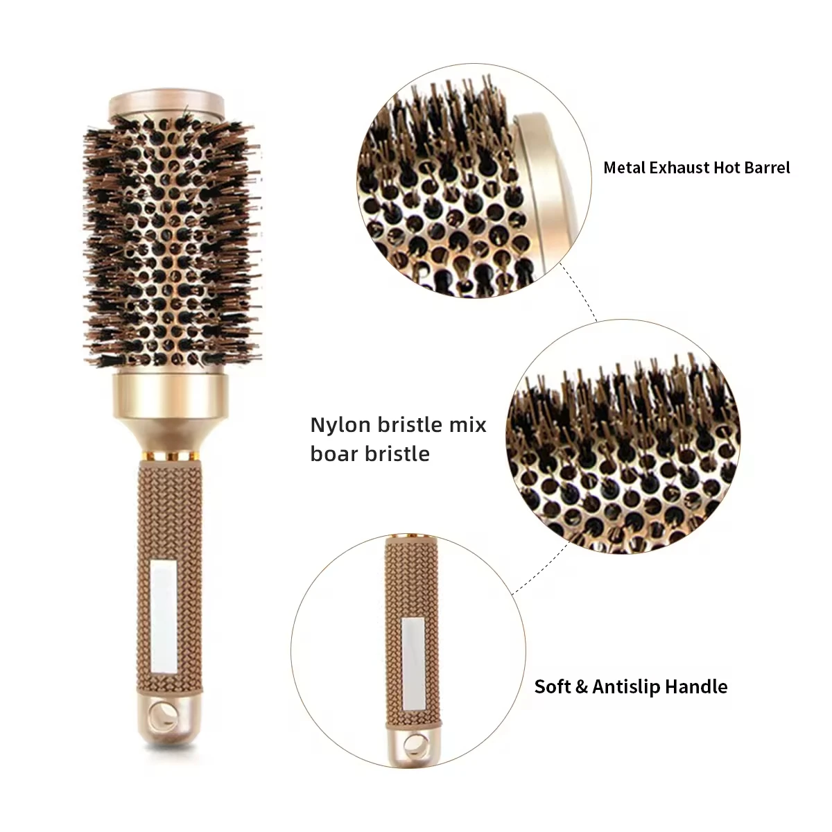 Factory Price Professional Custom Logo Heat Resistant Hairdressing Rolling Curly Round Hair Brush With Metal Base