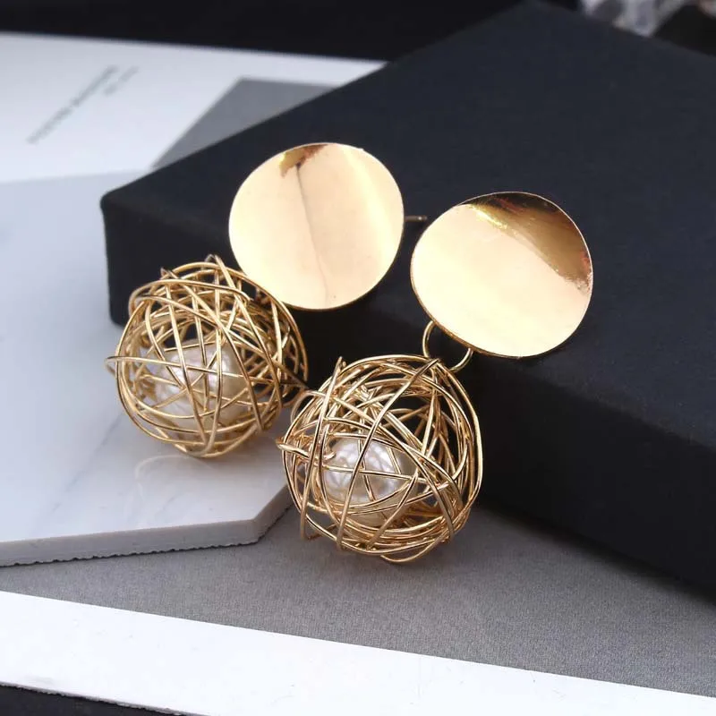 Fashion Retro Geometric Simple Woven Ball Pearl Stud Earrings Metal Women Jewelry Wholesale