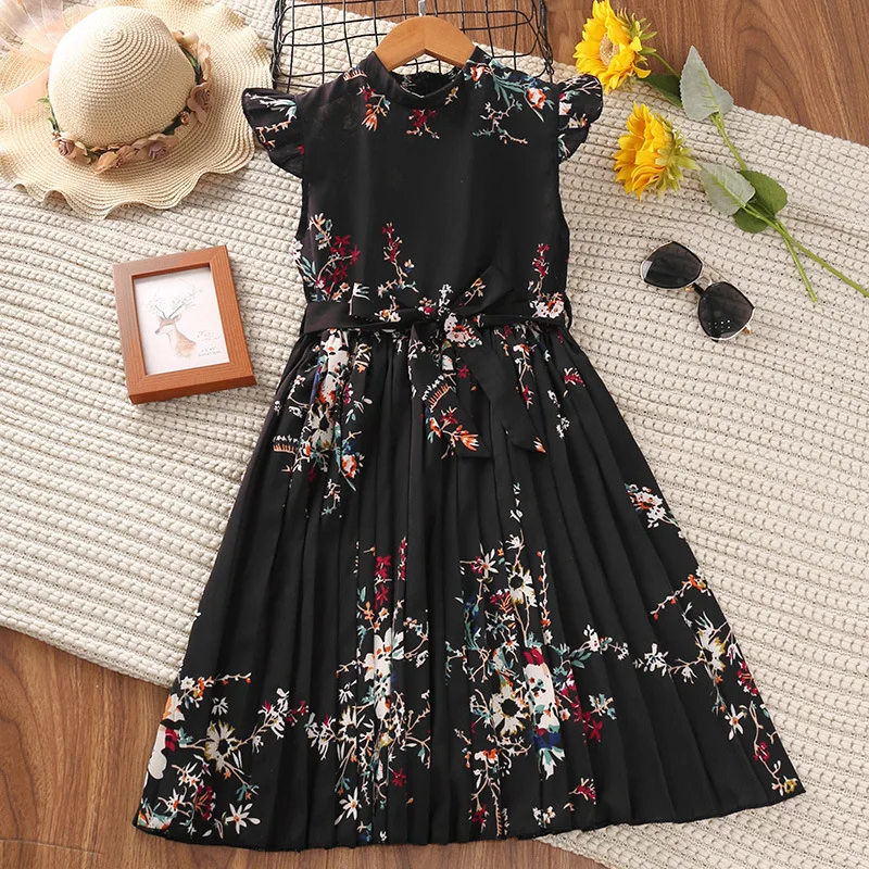 5-9 Years Summer Kids Sleeveless Black Dresses China Wholesale Clothing Printed Flowers Kids Dresses For Girls