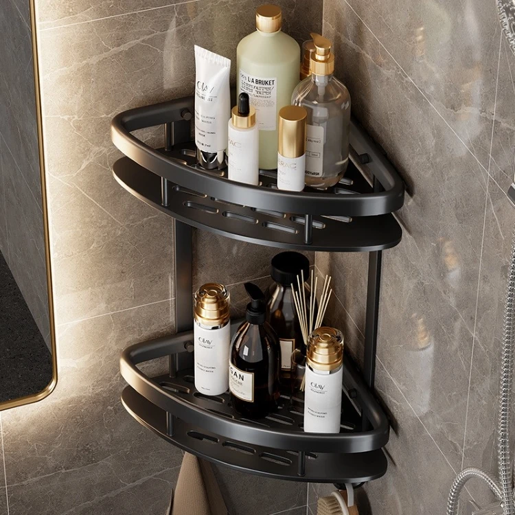 Shower Corner Shelf Black Siver 2 Layers Bathroom Ssquare Triangle Corner Shelf No Drilling 2 Tier Silver Space Aluminum Carton