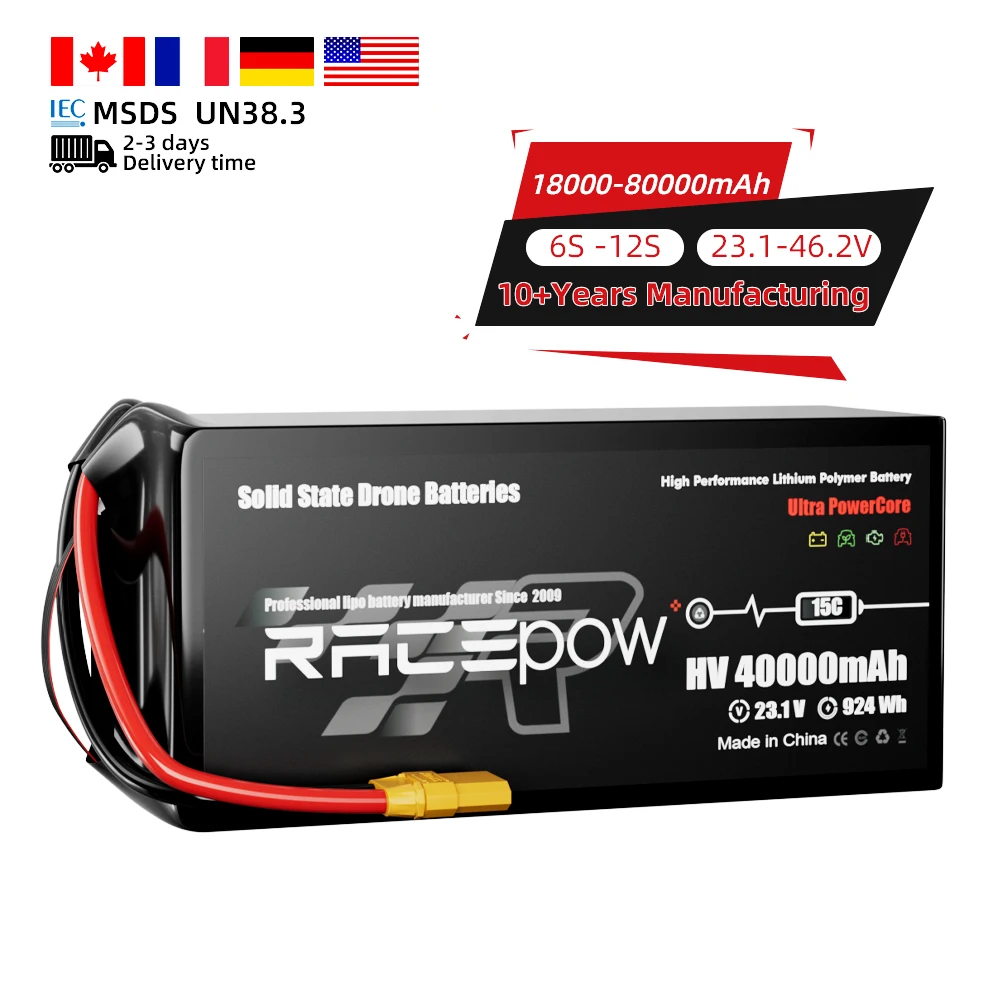 Racepow solid state battery 6S 12S 22000mAh 25000mAh 30000mAh 40000mAh Drone Uav / Industrial Uav/Fixed-Wind Vtol /Multirotor