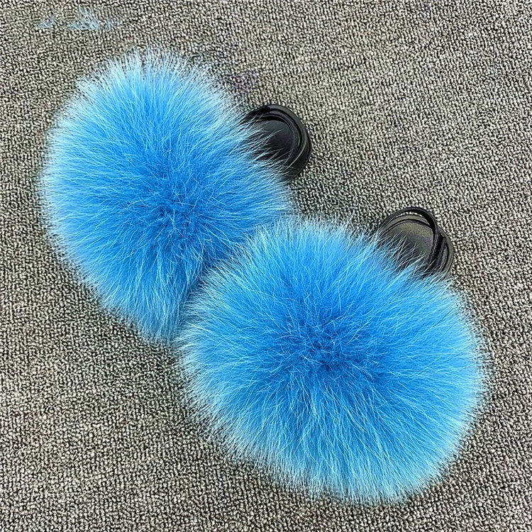 
Hot Selling Spring Summer Child Flat Raccoon Fox Fur Slippers For Children 