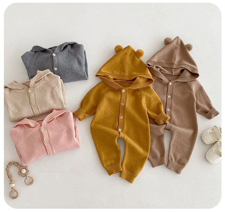 Spring autumn newborn baby girls knitted romper infant toddler long sleeve jumpsuit with rabbit ear clothing