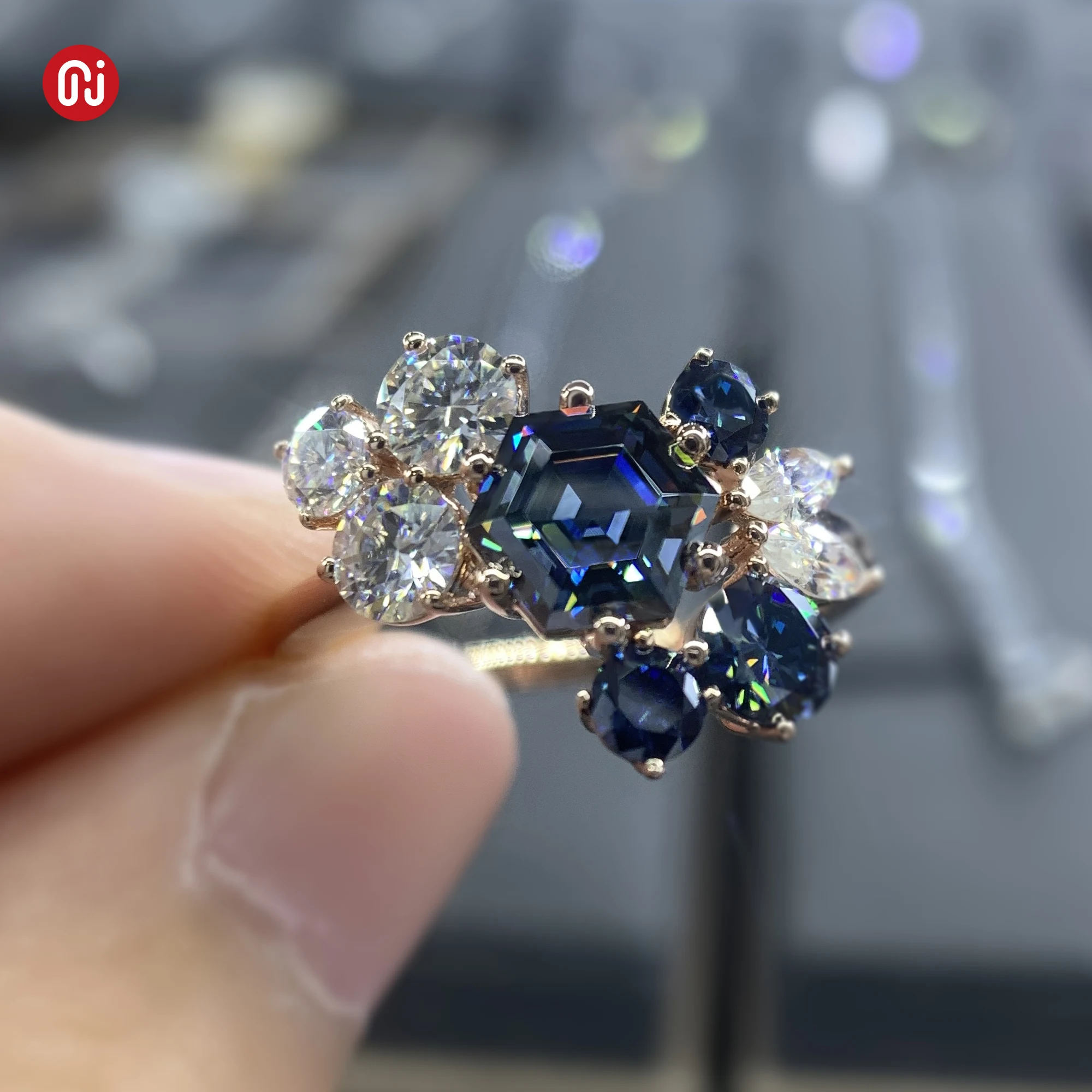 GIGAJEWE total2ct Vivid Blue color 6mm Hexagon Cut Ring Moissanite 9K/14K/18K Rose Gold  Moissanite Ring Customize Jewelry