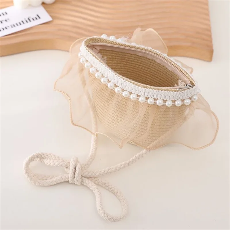 wide brim Summer children Beach Sun Hat baby Girl lace and pearl Bucket Straw Hat and bag set beautiful outdoor travel hat kids