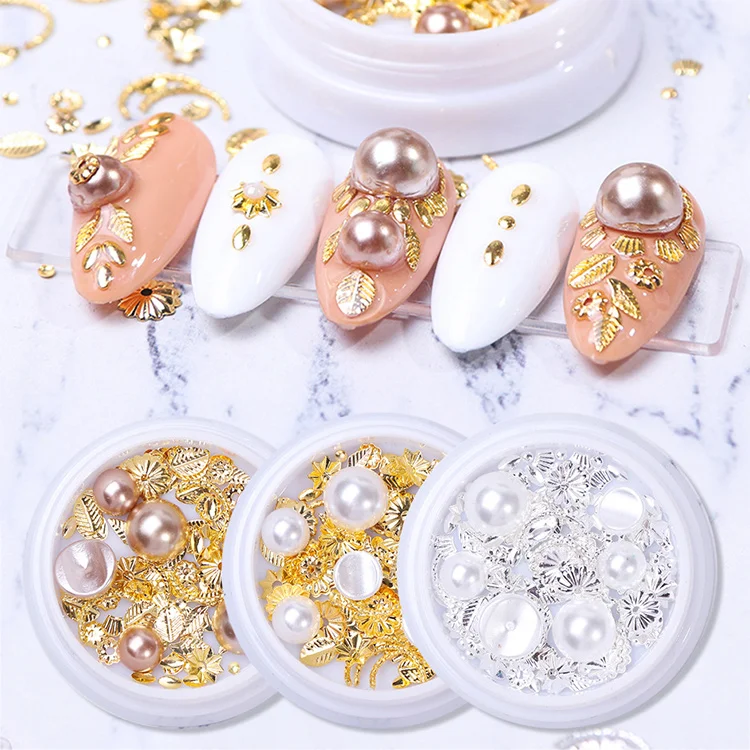 3d Nail Art Decorations Flat Back Nail Rhinestones Mixed Size Gold and silver leaf rivet Rhinestone