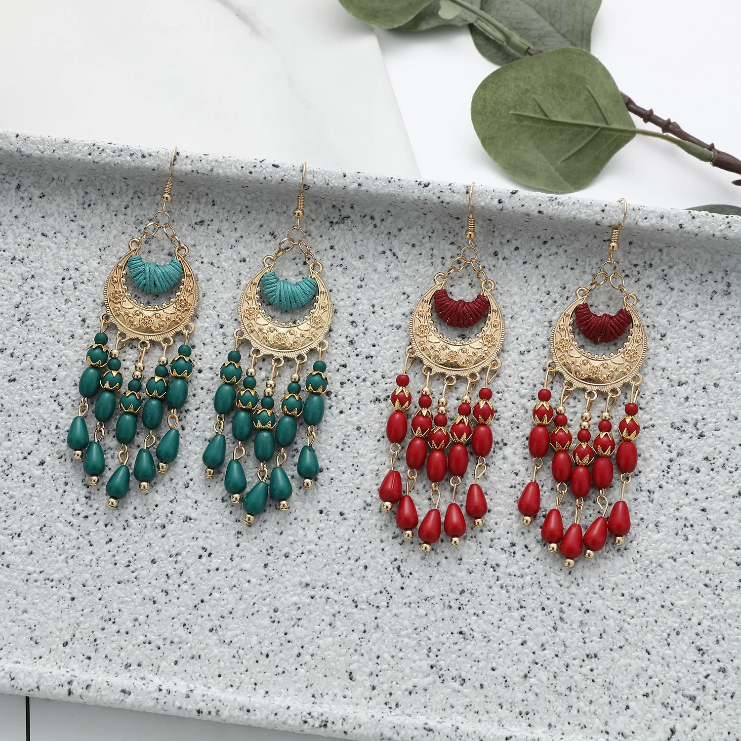 Zircon Jewelry Bohemian Holiday Style Alloy Gold Plated Carved Handmade Beads Party Huggie Tassels Long Earrings for Women