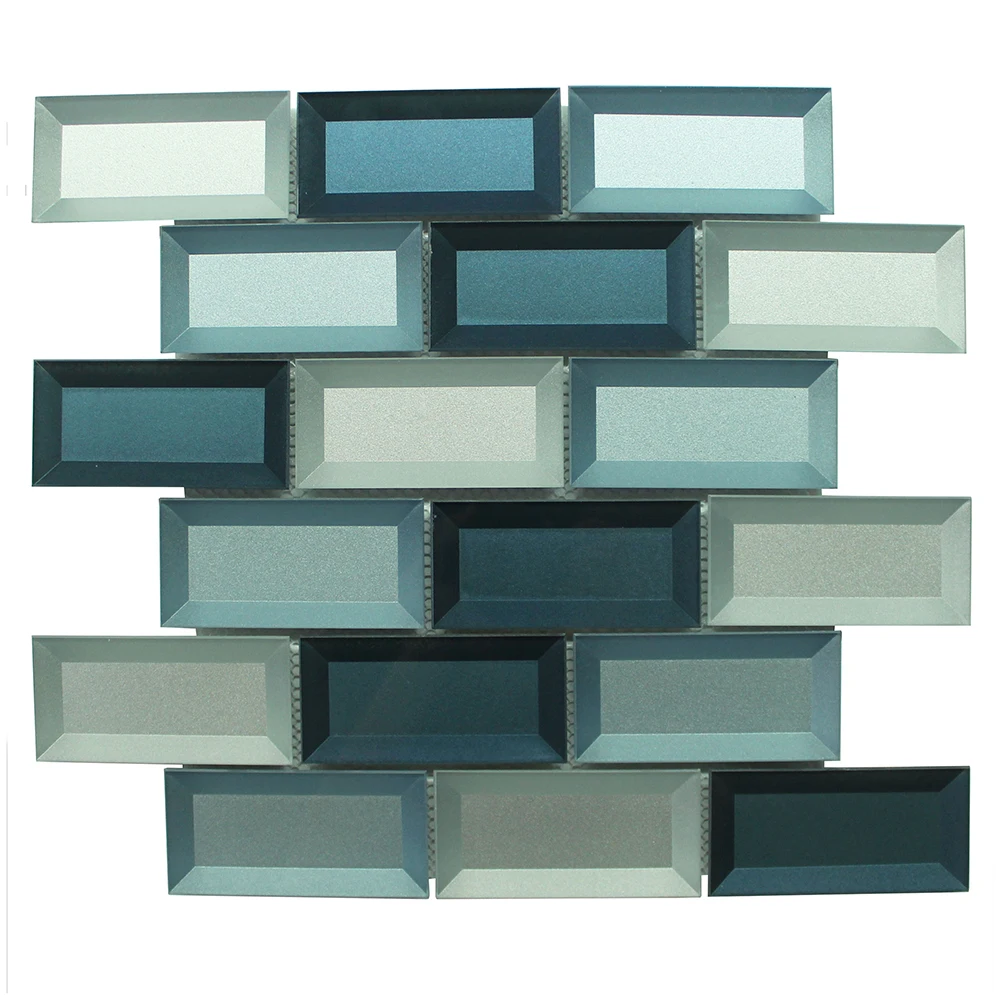 Factory Outlet Wholesale Glass Mosaic Tiles Blues Mixed Beveled Metro Glass Tiles Backsplash Wall