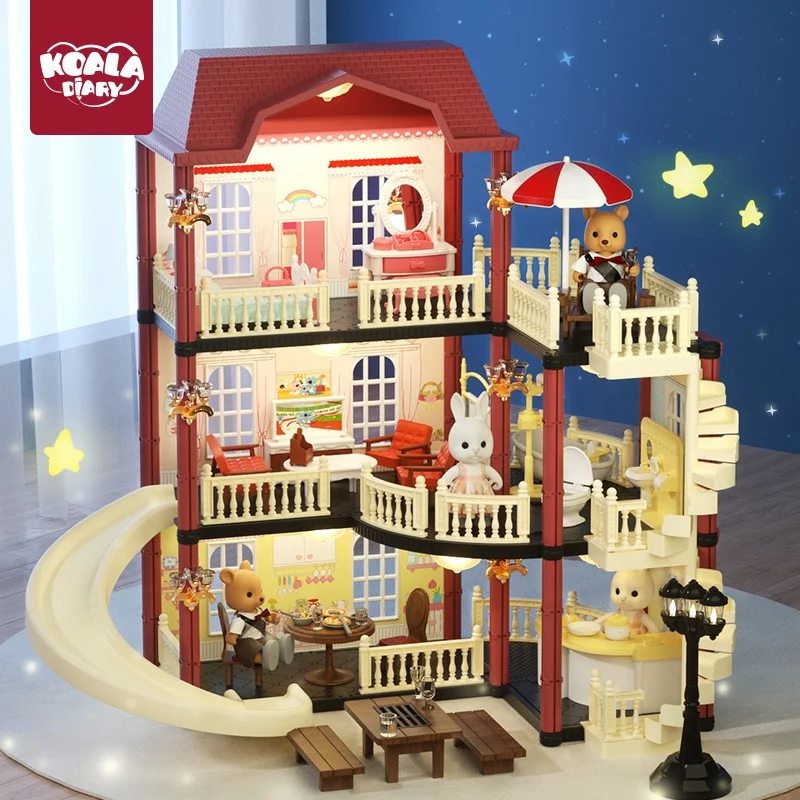 Diy Dollhouse for Girls with Swimming Pool and Slide, Doll House Miniature Furniture Kit, Dollhouse Play Set for Kids