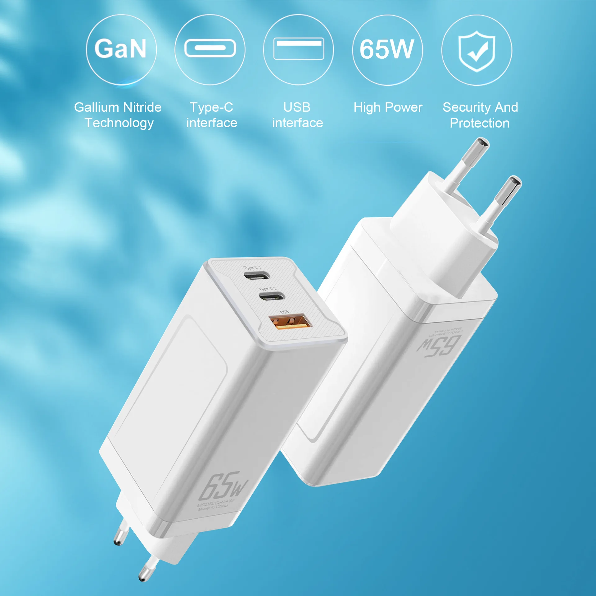 USB C Charger GaN Tech 65W Dual Port PD Wall Charger for MacBook