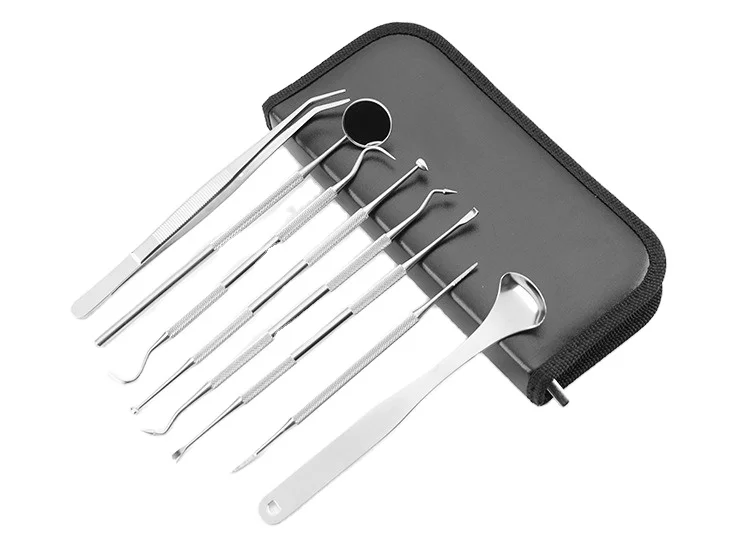 Shinerosy Stainless Steel tooth Scraper kit Dentist oral Cleaning Tool Set Dental Stone Removal Tongue Mirror 8 pieces SR-ODF16