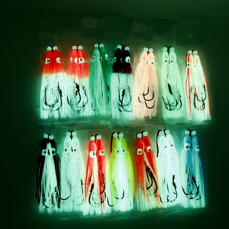 Luminous 2pcs/bag 9cm Soft Plastic Fishing Octopus Skirts And Lumo Squids Skirt Fishing Lure Squid Lure with hook
