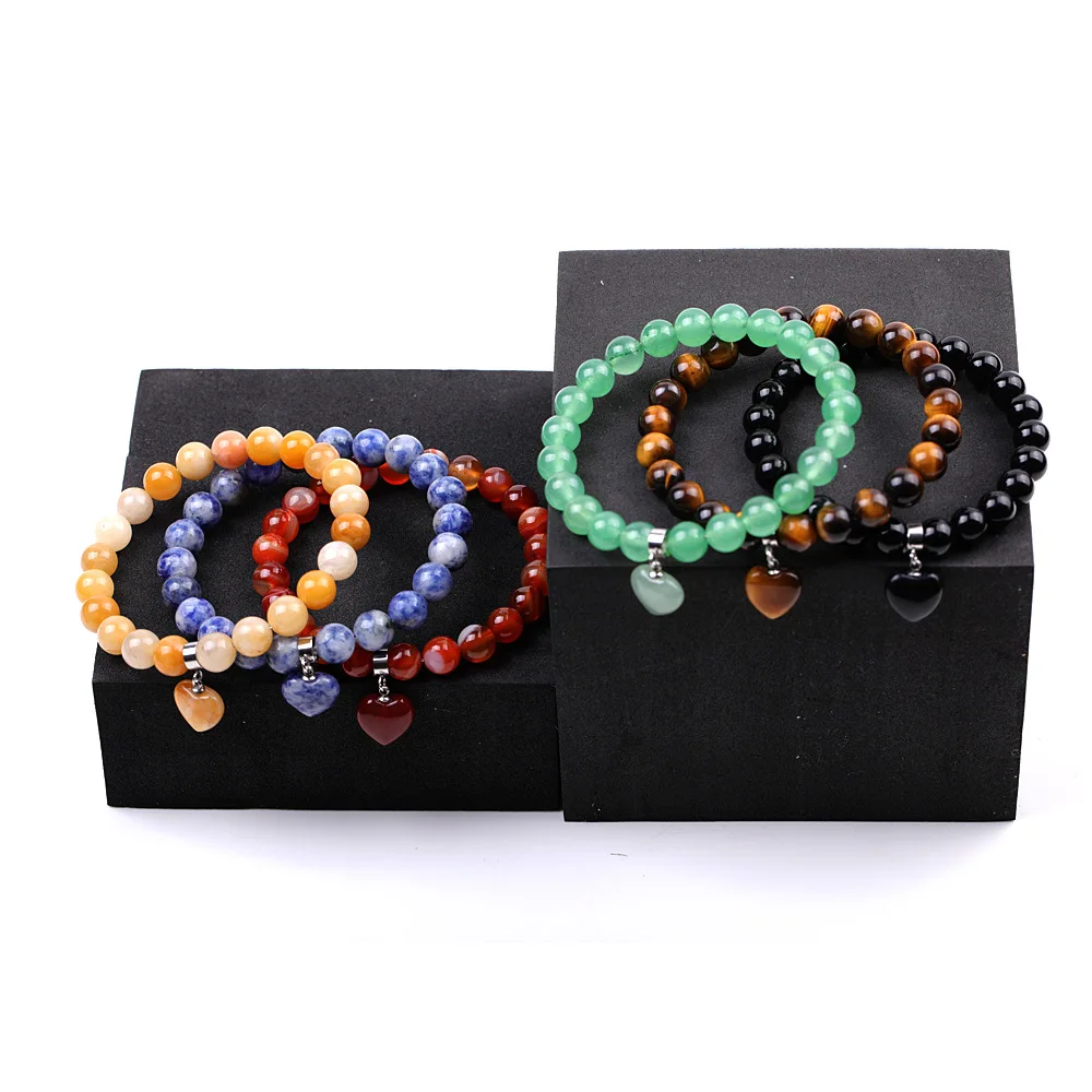 Hot Selling Natural Crystal Healing Stone Rose Quartz Heart Pendant Tiger Eye Stone Green Aventurine Opal Beaded Bracelet