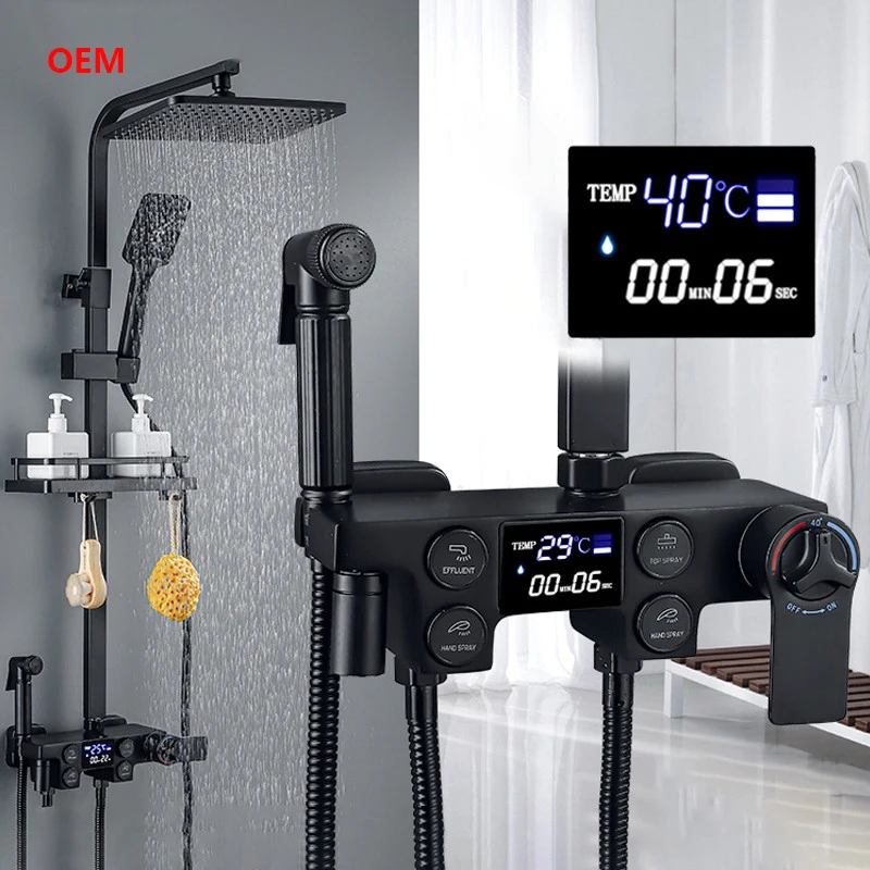 Thermostatic Bathroom Shower Set Rainfall Shower Head Quality Brass Bathtub Mixer Faucet Luxury Digital Bath Black Shower System