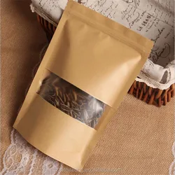 wholesale food packaging doypack stand up pouch plain brown kraft paper bag with clear window and zip lock for tea snack