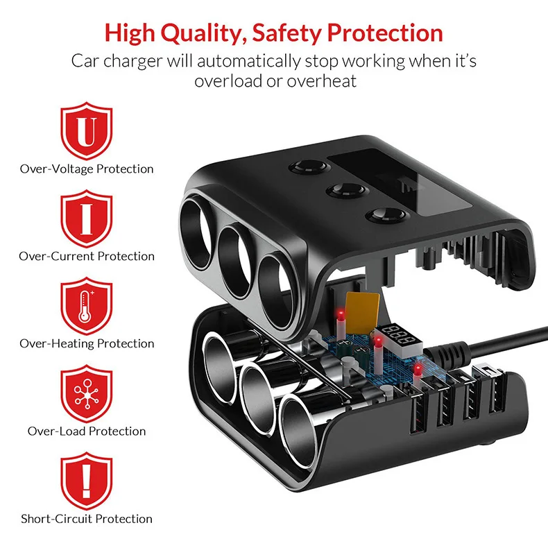 100w High-power 1 Drag 3 Cigarette Lighter Ports 4-port Usb Multi Socket Car Charger With On Off Switch