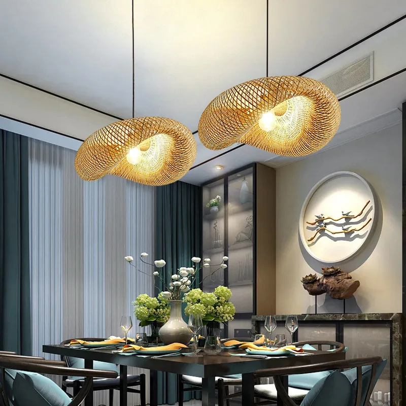 Modern Bamboo Weaving Design Lamp Asia Restaurant Hotel Hanging Lights Rattan Art Chandelier LED Bamboo Pendant Light