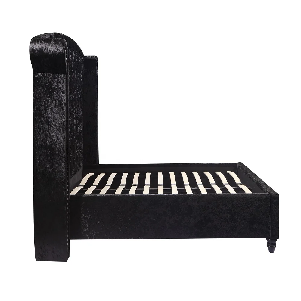 OEM Factory furniture velvet fabric modern queen size bed frame for bedroom furniture solid wooden thicken bed slat 5.0