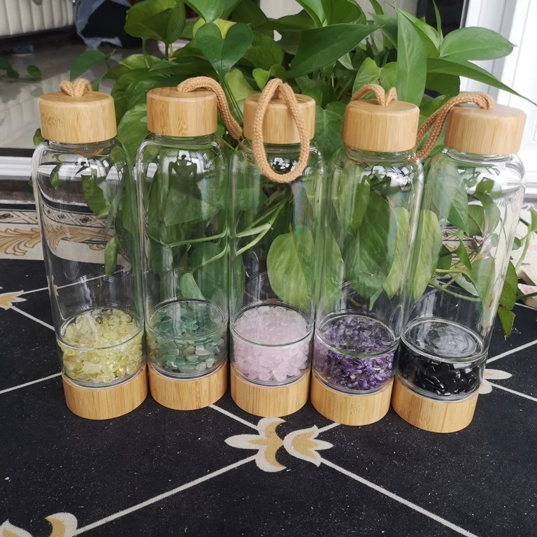 Wholesale Natural Crystal Energy Water Bottle Infused Gemstone Glass Bamboo Crystal Bottle