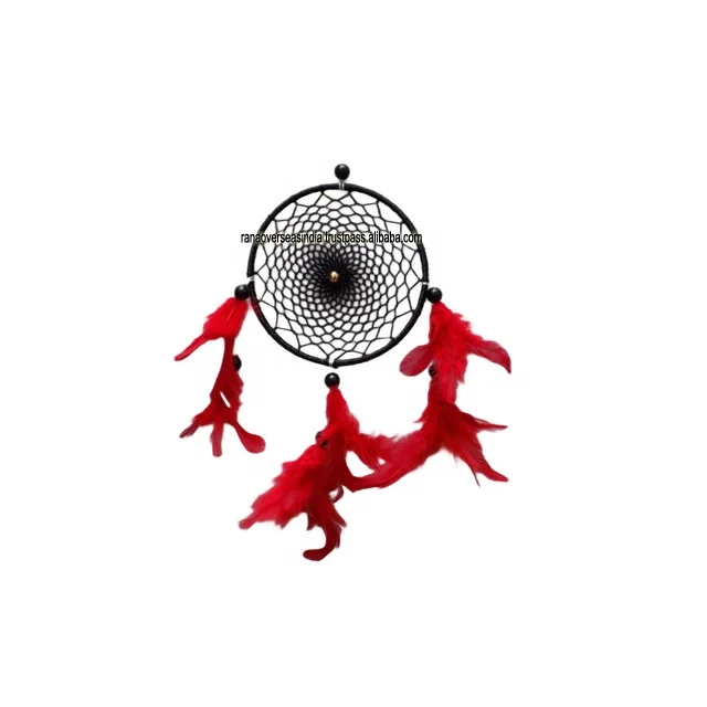 Circular Handmade Traditional Dream Catchers With Feathers In Red And Black Color For Home
