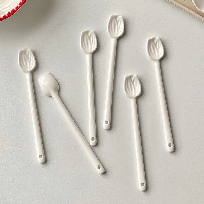 Creative Ceramic Pure White Embossed Tulip Shape Spoon Coffee Cupping Spoon Dessert Spoons