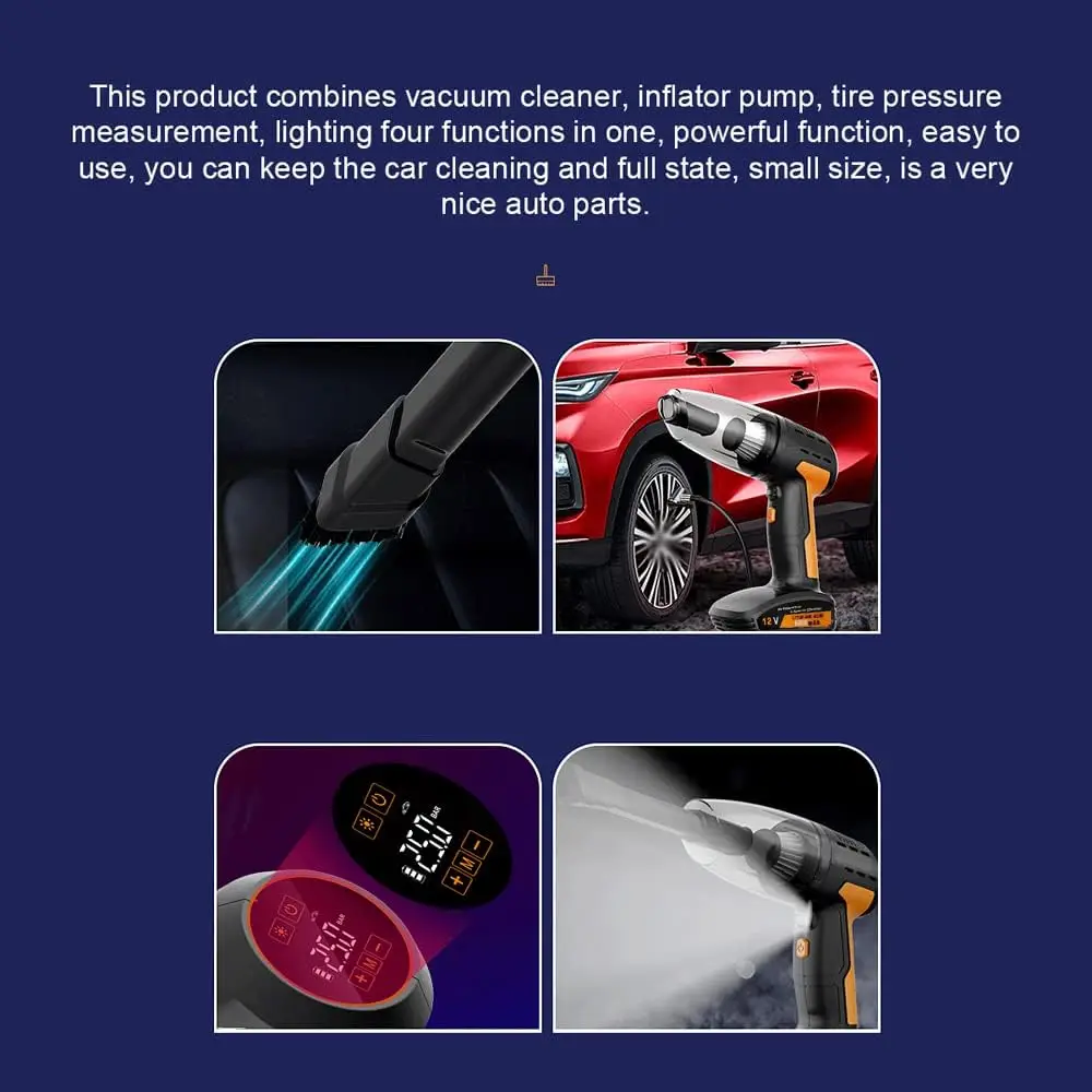 Wireless Car Vacuum Cleaner Tire Inflator  Air Compressor with Digital Tire Pressure Gauge LCD Display- Rechargeable