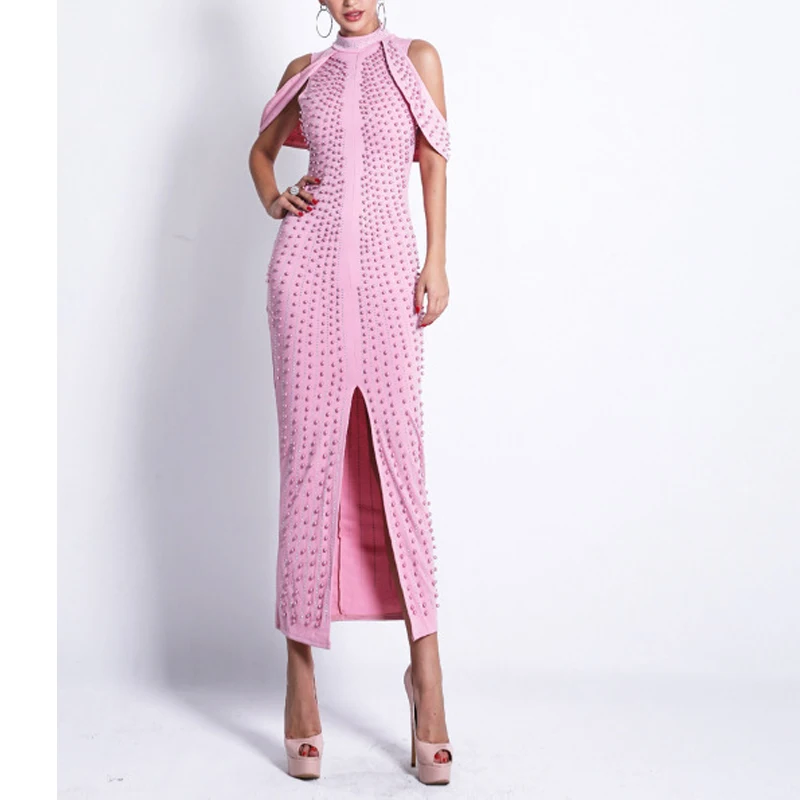 Sexy Falling Shoulder Pearl Bead Elegant Female Dress Small Split Evening Dress