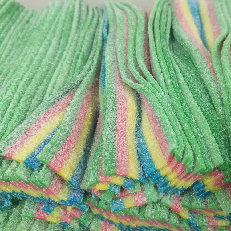 wholesale rainbow sugar coated fruit flavor sour belt roll soft gummy candy and sweets