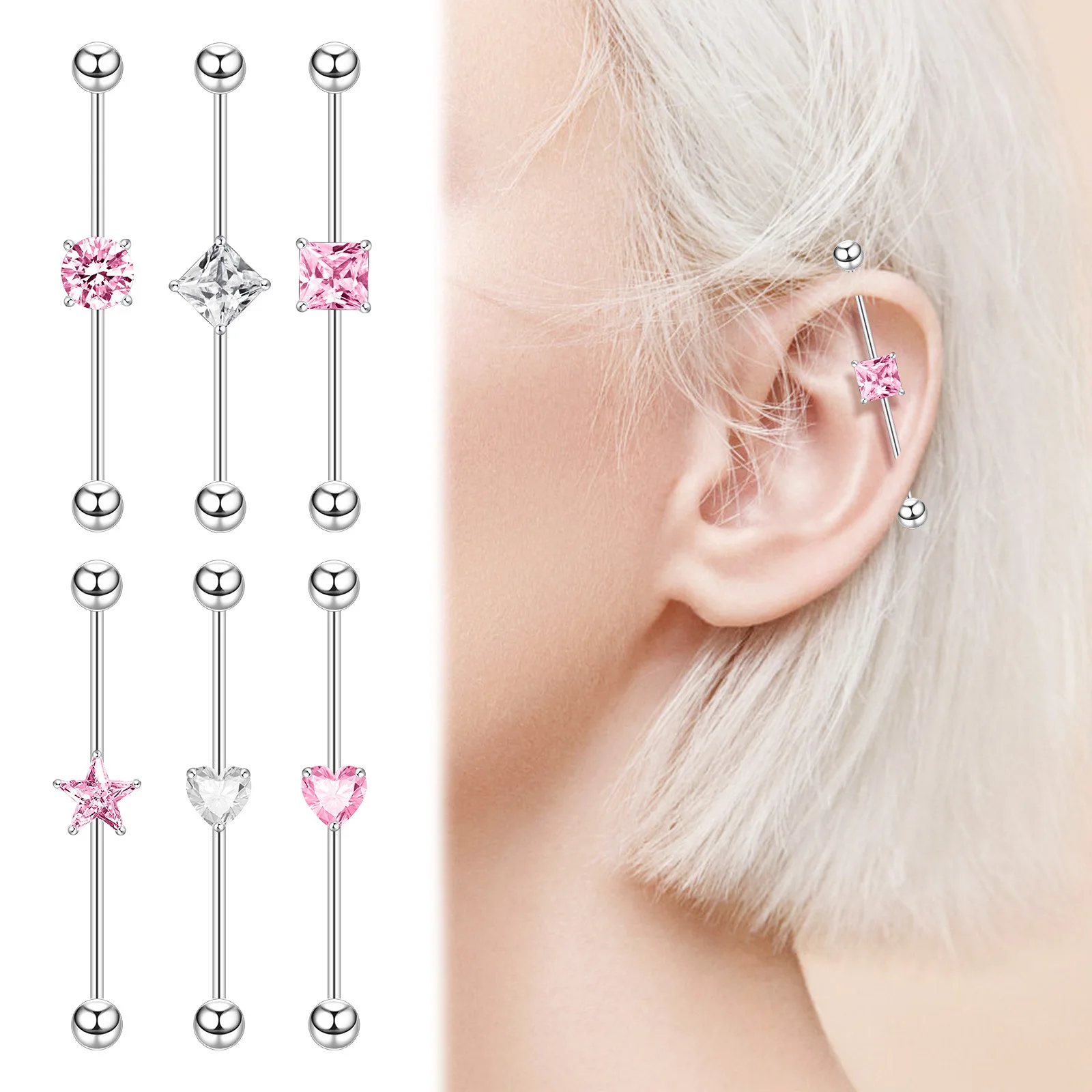 YICAI Simple Surgical Steel Barbell Heart Star Square Zircon Pink White CZ 38mm Ear Industrial Piercing