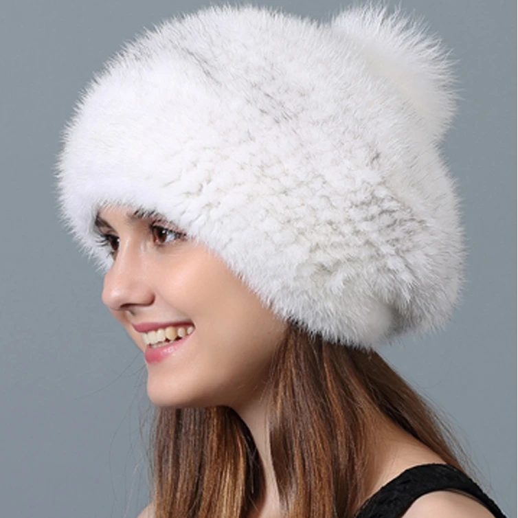 High Quality Knitted Real Mink Fur Hat With Real Fox Fur Pompom Women Beret Hats Winter Warm Ladies Outfits