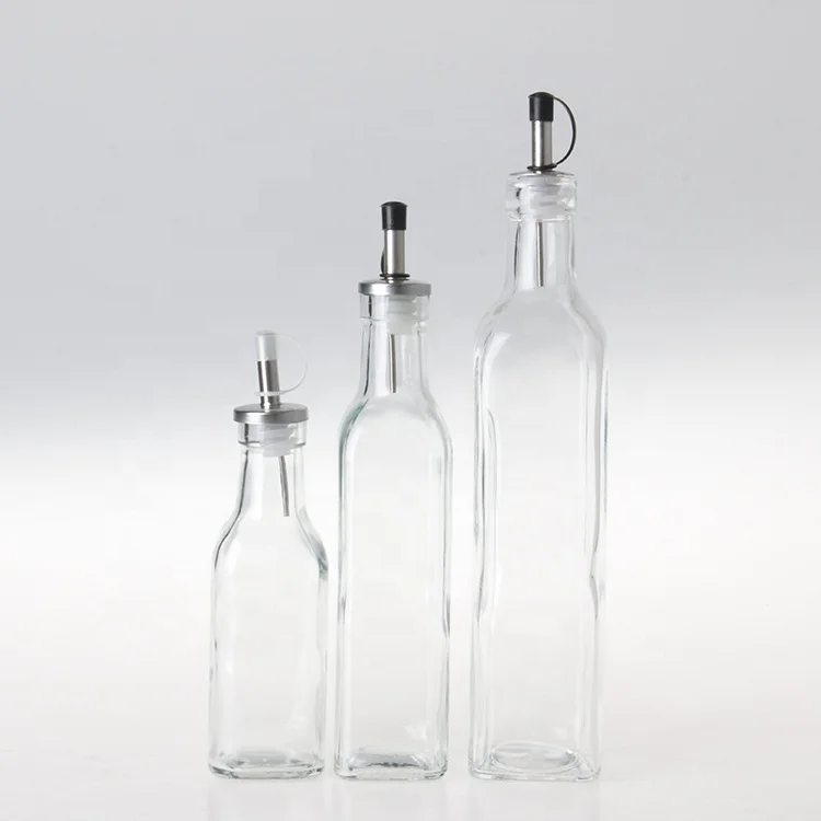 250ml 500ml 750ml Empty Square Kitchen Containers Vinegar Hot Sauce Olive Oil Glass Bottles with Spout