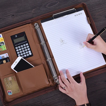 office supplies A4 custom logo leather zippered padfolio portfolio document bag 4 ring binder file folder with handle