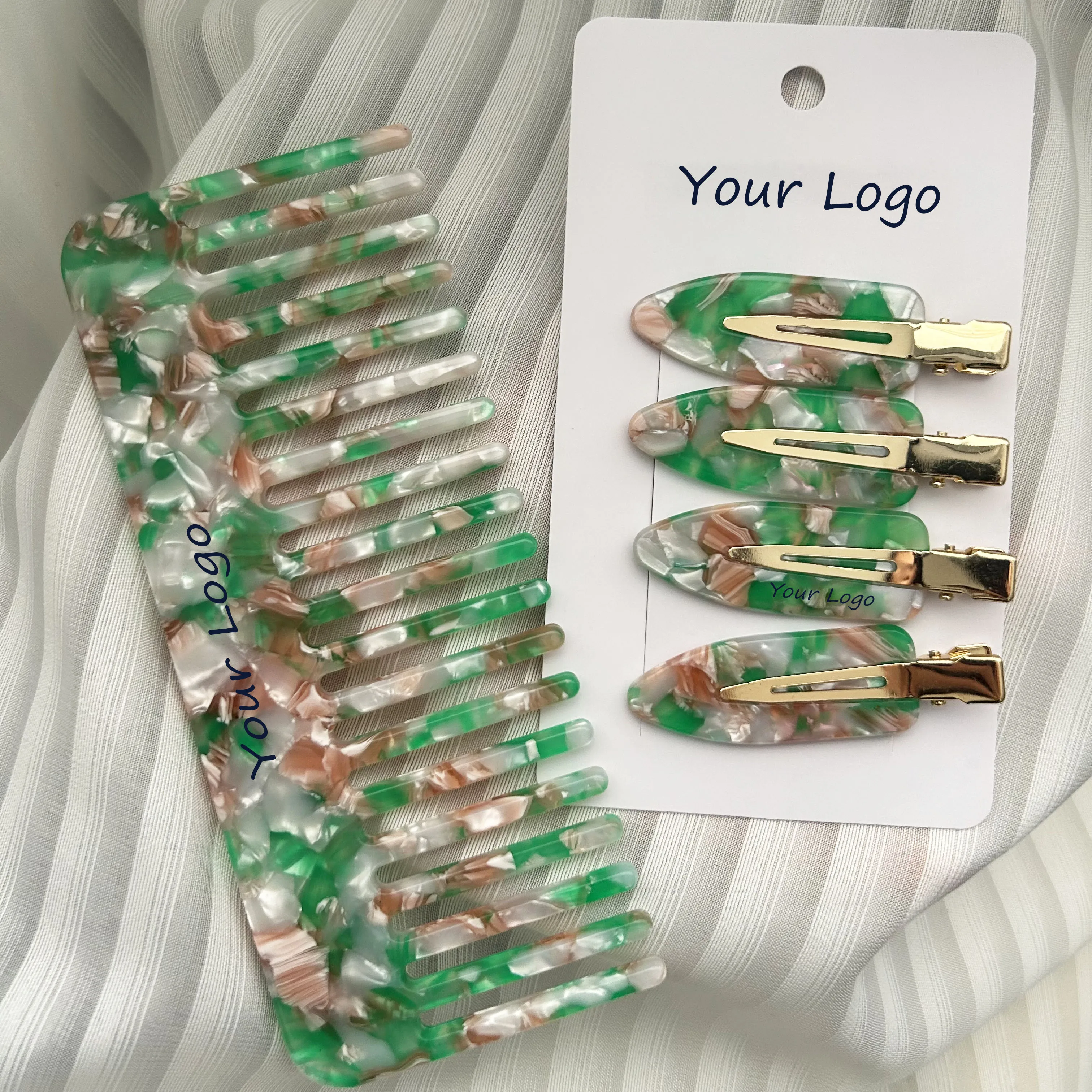 SAIYII Custom Logo Summer Color Wide Tooth Hair Comb Cellulose Acetate Eco Mini Hair Clip Comb Set For Girls And Women