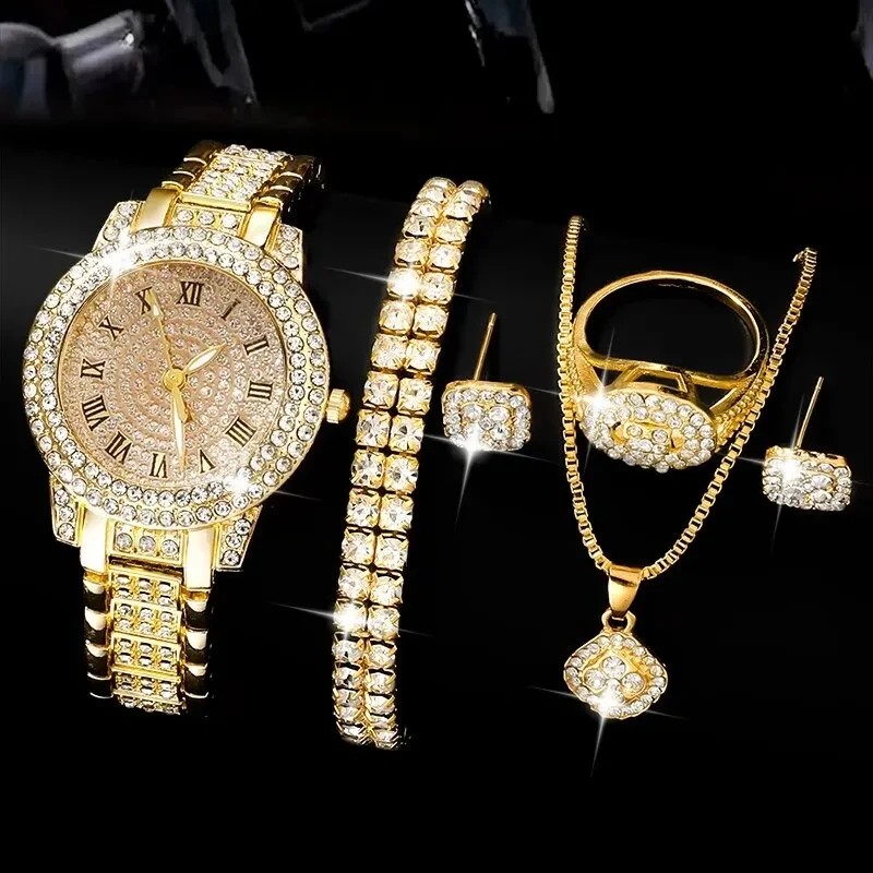 5pcs Set Golden Watch Women Ring Necklace Earrings Rhinestone Fashion Wristwatch Female Casual Ladies Watches Bracelet Set