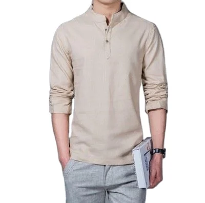 
Fashion long sleeve solid color Stand Collar Placket Plain Dyed cotton blend Hemp Basic Plain Hemp Men T-shirt 