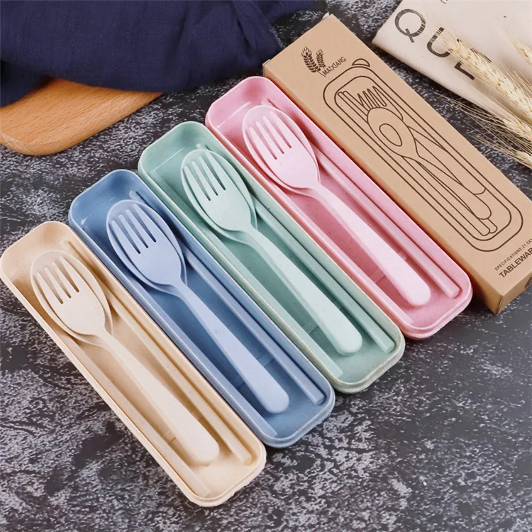 Eco Friendly Reusable Wheat Straw Camping Travel Fork Knife Spoon Flatware Cutlery Set with Box