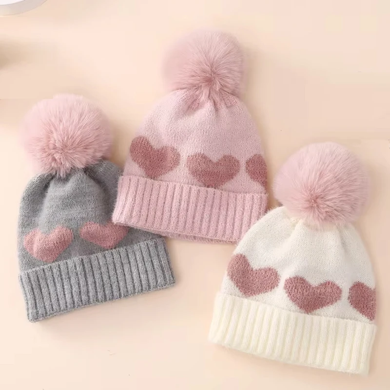 Autumn Winter Fur Pompom Baby Hat Heart Printed Knitting Infant Beanie Cap Toddler Warm Girls Boys Hats