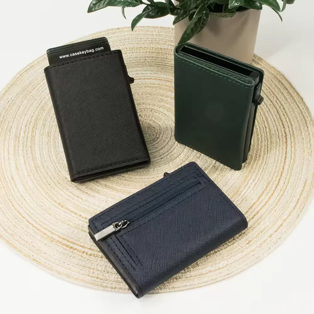 Casekey Wholesale Mens Leather Card Holder Trading Aluminum Pop Up Card Metal Business Wallet slim card holder wallet