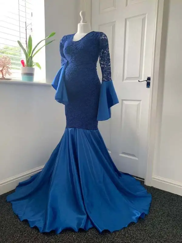 Maternity Baby Shower Dress O-Neck Long Sleeve Lace splicing Maxi Gown Pregnant Women Fancy Photo Shoot Photography Prop Clothes