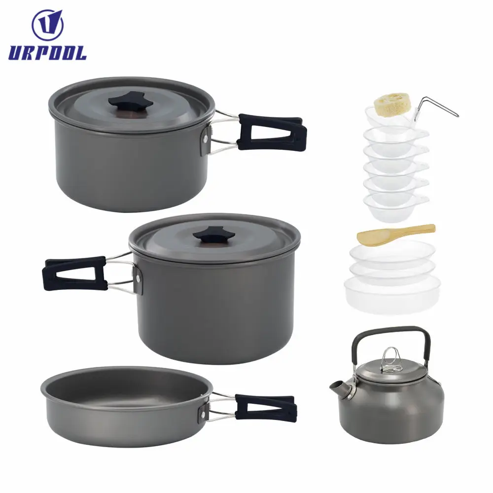 Lightweight Foldable Outdoor Tableware Family Travel Picnic Cooker Hiking Equipment Set Camping Cookware with Kettle for Outdoor