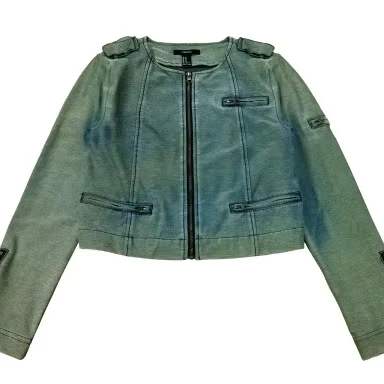 ladies knit denim washed collarless center front zipper chest besom bottom besom sleeve cuff sleeve cap zipped pockets jacket