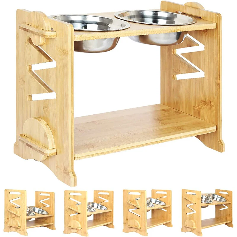 Bamboo Water Stand Feeder Set 15 Degrees Tilted Raised Food Feeding Dishes Portable Pet Ceramic Bowl for Cats and Puppy