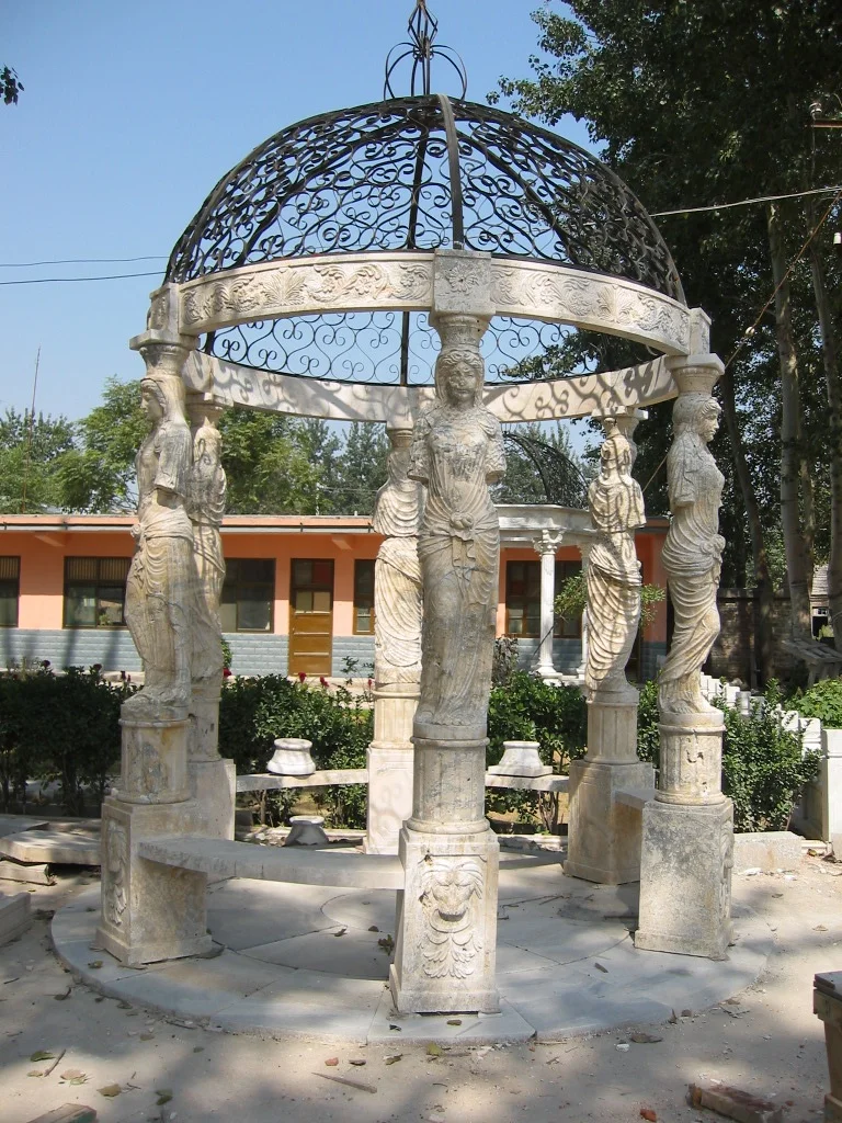 Outdoor Large Garden White Marble Gazebo With Sculpture