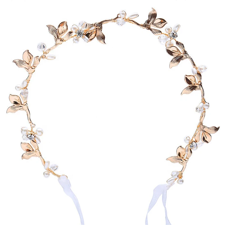 Fancy headpieces Gold Leaf Bridal Headband Pearls Wedding Hair Accessories rhinestone headpiece For Women