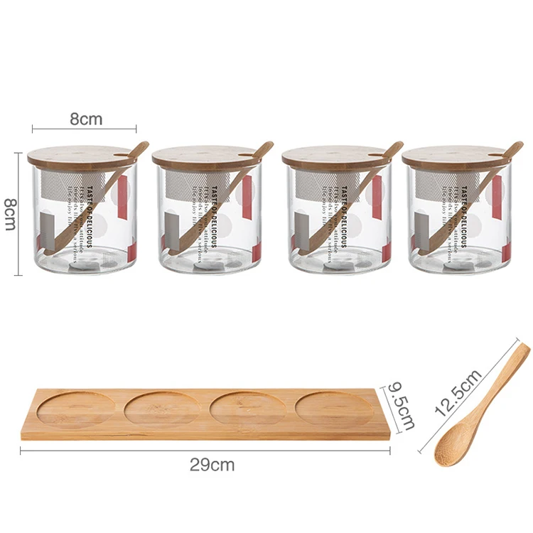 
Bamboo lid salt and pepper shaker spice condiment clear glass seasoning box with wood tray 