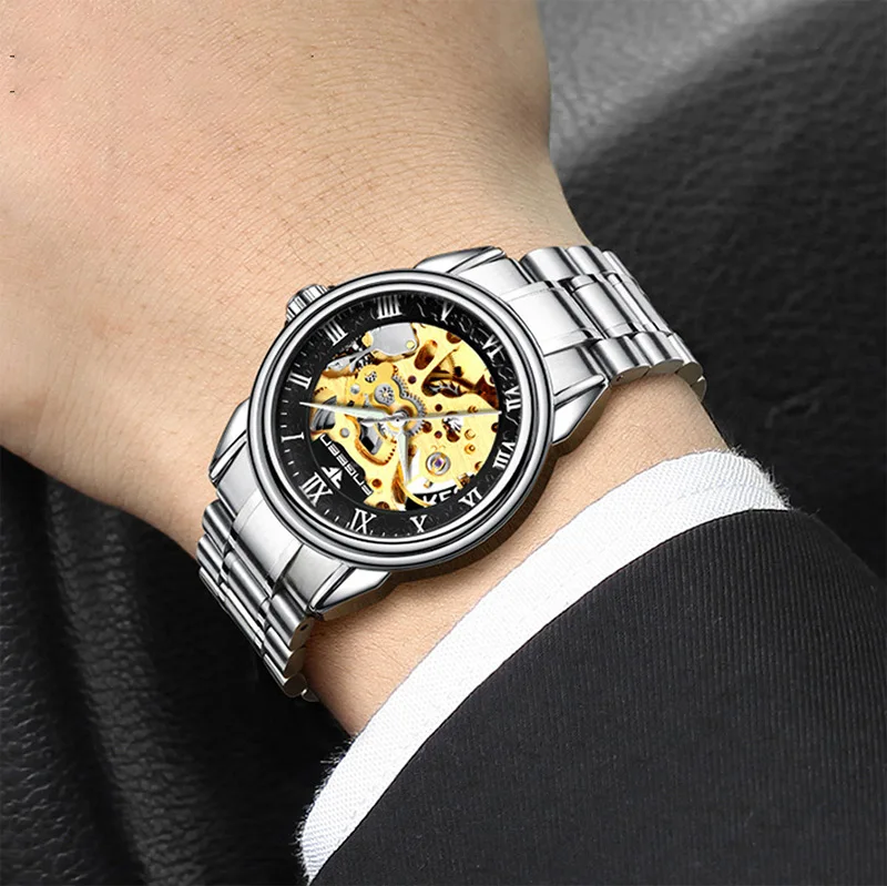 FNGEEN модные двусторонние полые автоматические механические часы подарок водонепроницаемые студенческие мужские часы для отца парня