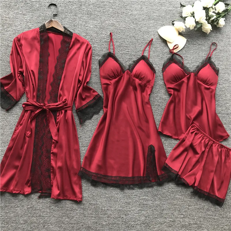 Casual Home Clothes  4 PCS Pajamas Set Women Lace Trim Satin Silk Nightwear Sleepwear