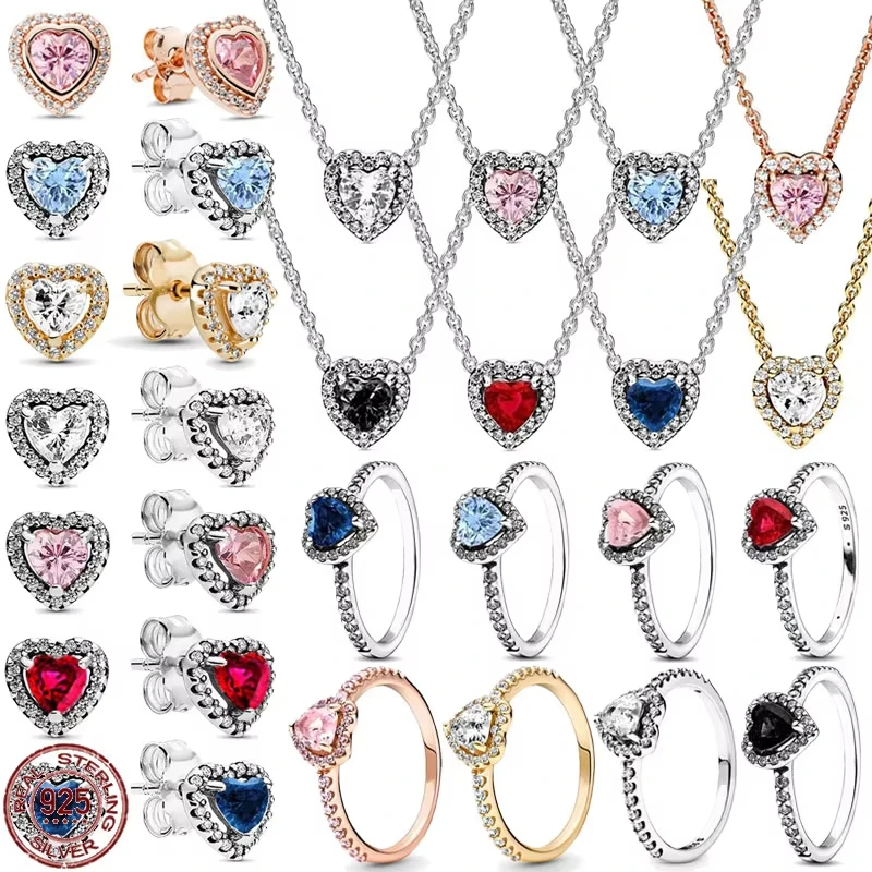 New 925 Sterling Silver Heart Series Set Classic Shining Heart Necklace Ring Earrings Exquisite Charm Jewelry Surprise Gift