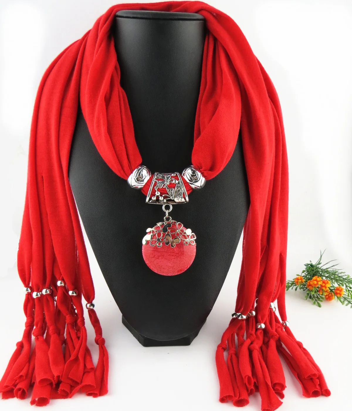 Pendant jewelry scarf polyester solid color tassel fringed resin pendant jewelry scarf for women